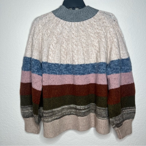 New Madewell Deacon Cableknit Mockneck Sweater in Stripe Wool Blend Size Large - Picture 3 of 9